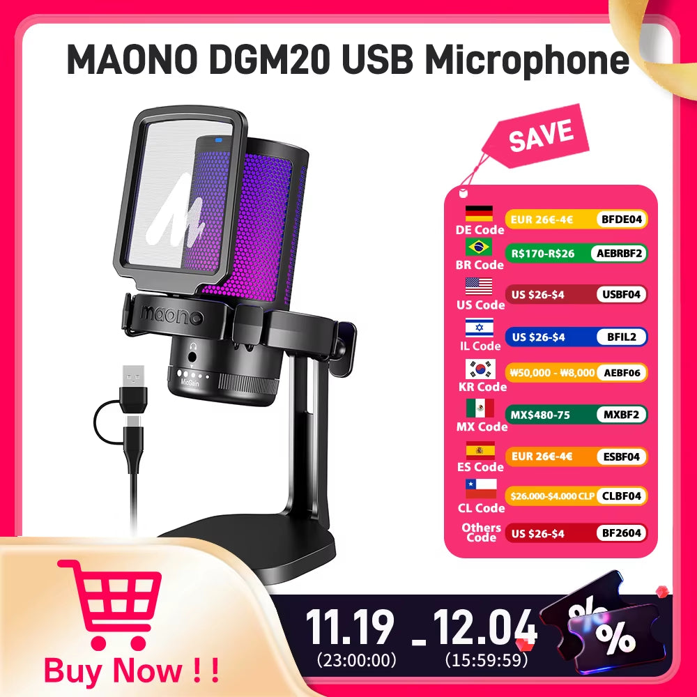 DGM20 Gaming Microphone,Usb Microphone Condenser Mic RGB Gaming Mic with Noise Reduction Software,Mic Gain,One Key Mute
